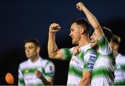 19 August 2019; Aaron Greene of Shamrock Rovers celebrates with team-mate Jack Byrne after scoring his side's third goal of the game during the SSE Airtricity League Premier Division match between Waterford United and Shamrock Rovers at RSC in Waterford. Photo by Eóin Noonan/Sportsfile
