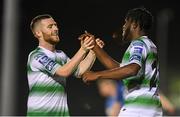 19 August 2019; Thomas Oluwa of Shamrock Rovers, right, celebrates with team-mate Jack Byrne after scoring his side's fifth goal of the game during the SSE Airtricity League Premier Division match between Waterford United and Shamrock Rovers at RSC in Waterford. Photo by Eóin Noonan/Sportsfile