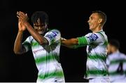 19 August 2019; Thomas Oluwa of Shamrock Rovers, left, celebrates with team-mate Graham Burke after scoring his side's fifth goal of the game during the SSE Airtricity League Premier Division match between Waterford United and Shamrock Rovers at RSC in Waterford. Photo by Eóin Noonan/Sportsfile