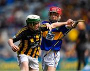 18 August 2019; Liam O'Riordan, Clonlisk NS, Shinrone, Birr, Offaly, representing Kilkenny, in action against Marc O'Brien, St John’s NS, Cratloe, Clare, representing Tipperary, during the INTO Cumann na mBunscol GAA Respect Exhibition Go Games prior to the GAA Hurling All-Ireland Senior Championship Final match between Kilkenny and Tipperary at Croke Park in Dublin. Photo by Seb Daly/Sportsfile