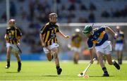 18 August 2019; Seán Farrell, Donaskeigh NS, Dundrum, Tipperary, representing Tipperary, in action against Colin McAweeney, Scoil Assaim, Raheny, Dublin, representing Kilkenny, during the INTO Cumann na mBunscol GAA Respect Exhibition Go Games prior to the GAA Hurling All-Ireland Senior Championship Final match between Kilkenny and Tipperary at Croke Park in Dublin. Photo by Eóin Noonan/Sportsfile