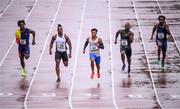 21 August 2019; Demek Kemp of USA, 62, wins his heats of the Men's 100m event, also pictured are from left, Sean McLean of USA, 64, Jeff Demps of USA, 60, Bismark Boateng of Canada, 68 and Tahir Walsh of Antigua and Barbuda, 63, during the 2019 Morton Games at Morton Stadium in Santry, Dublin. Photo by Stephen McCarthy/Sportsfile