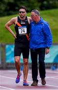 21 August 2019; Brian Gregan of Ireland with meet director Noel Guiden, right, after pulling up during the men's 400m event during the 2019 Morton Games at Morton Stadium in Santry, Dublin. Photo by Stephen McCarthy/Sportsfile