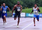 21 August 2019; Cordero Gray of USA, left, on his way to winning the Men's 100m event, also pictured are Benjamin Williams of Canada, 67, and Demek Kemp of USA, 62, during the 2019 Morton Games at Morton Stadium in Santry, Dublin. Photo by Stephen McCarthy/Sportsfile