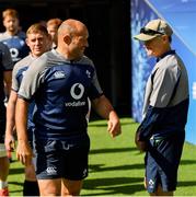 23 August 2019; Head coach Joe Schmidt, right, shares a joke with captain Rory Best during the Ireland Rugby captain's run at Twickenham Stadium in London, England. Photo by Ramsey Cardy/Sportsfile