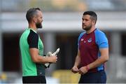 23 August 2019; Drogheda United manager Tim Clancy, right, and Alan Mannus of Shamrock Rovers in conversation prior to the Extra.ie FAI Cup Second Round match between Shamrock Rovers and Drogheda United at Tallaght Stadium in Dublin. Photo by Seb Daly/Sportsfile