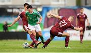 23 August 2019; Joel Coustrain of Cork City is tackled by Maurice Nugent, left, and Conor Layng of Galway United during the Extra.ie FAI Cup Second Round match between Galway United and Cork City at Eamonn Deacy Park in Galway. Photo by Eóin Noonan/Sportsfile