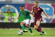 23 August 2019; Eoghan Stokes of Cork City in action against Joe Collins of Galway United during the Extra.ie FAI Cup Second Round match between Galway United and Cork City at Eamonn Deacy Park in Galway. Photo by Eóin Noonan/Sportsfile