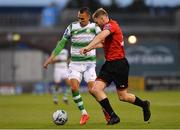 23 August 2019; Graham Burke of Shamrock Rovers in action against Kevin Farragher of Drogheda United during the Extra.ie FAI Cup Second Round match between Shamrock Rovers and Drogheda United at Tallaght Stadium in Dublin. Photo by Seb Daly/Sportsfile