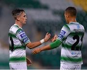 23 August 2019; Aaron McEneff of Shamrock Rovers, left, is congratulated by team-mate Graham Burke after scoring his side's third goal during the Extra.ie FAI Cup Second Round match between Shamrock Rovers and Drogheda United at Tallaght Stadium in Dublin. Photo by Seb Daly/Sportsfile