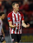 23 August 2019; Darren McCauley of Derry City reacts after a near miss during the Extra.ie FAI Cup Second Round match between Derry City and Dundalk at Ryan McBride Brandywell Stadium in Derry. Photo by Oliver McVeigh/Sportsfile