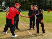 24 August 2019; Captains Greg Thompson of Waringstown CC, left, and Fiachra Tucker of Pembroke CC, shake hands following the coin toss prior to the Clear Currency Irish Senior Cup Final match between Waringstown CC and Pembroke CC at The Hills Cricket Club in Skerries, Dublin. Photo by Seb Daly/Sportsfile