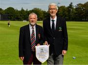 24 August 2019; Cricket Ireland President David O'Connor, right, presents a pennant to Martin Russell, President of The Hills CC, prior to the Clear Currency Irish Senior Cup Final match between Waringstown CC and Pembroke CC at The Hills Cricket Club in Skerries, Dublin. Photo by Seb Daly/Sportsfile