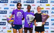 24 August 2019; Men's medallists, from left, Mick Clohisey of Raheny Shamrocks AC, silver, Yared Derese of Carrick Aces AC, gold, and Josh Griffiths of Swansea Harriers, bronze, after competing during the KBC & Dublin Marathon Race Series, where, over 5,200 runners took part in the Frank Duffy 10 Mile, part of the KBC Dublin Race Series 2019 at Phoenix Park in Dublin. Photo by Sam Barnes/Sportsfile