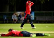 24 August 2019; Adam Dennison of Waringstown CC reacts following a chance for a wicket during the Clear Currency Irish Senior Cup Final match between Waringstown CC and Pembroke CC at The Hills Cricket Club in Skerries, Dublin. Photo by Seb Daly/Sportsfile