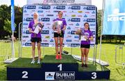 24 August 2019; Women's race medallists, from left, Gemma Rankin of Kilbarchan AC, silver, Breege Connolly of City of Derry Spartans, gold, and Niamh Clifford of Star of the Laune AC, bronze, following the Frank Duffy 10 mile Women's Race. Over 5,200 runners took part in the Frank Duffy 10 Mile, part of the KBC Dublin Race Series 2019 at Phoenix Park in Dublin. Photo by Sam Barnes/Sportsfile
