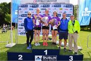24 August 2019; Women's race medallists, from left, Gemma Rankin of Kilbarchan AC, silver, Breege Connolly of City of Derry Spartans, gold, and Niamh Clifford of Star of the Laune AC, bronze, alongside, Roisin Meehan, KBC Ireland Marketing manager, far left, Barry D'Arcy, Chief Risk Officer, KBC Ireland, second right, and Paul Moran, Dublin Marathon Chairperson, far right, following the Frank Duffy 10 mile Women's Race. Over 5,200 runners took part in the Frank Duffy 10 Mile, part of the KBC Dublin Race Series 2019 at Phoenix Park in Dublin. Photo by Sam Barnes/Sportsfile