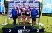 24 August 2019; Women's race medallists, from left, Gemma Rankin of Kilbarchan AC, silver, Breege Connolly of City of Derry Spartans, gold, and Niamh Clifford of Star of the Laune AC, bronze, alongside, Roisin Meehan, KBC Ireland Marketing manager, far left and Barry D'Arcy, Chief Risk Officer, KBC Ireland, second right, following the Frank Duffy 10 mile Women's Race. Over 5,200 runners took part in the Frank Duffy 10 Mile, part of the KBC Dublin Race Series 2019 at Phoenix Park in Dublin. Photo by Sam Barnes/Sportsfile