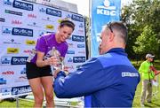 24 August 2019; Women's race winner Breege Connolly of City of Derry Spartans is presented with her trophy by Barry D'Arcy, Chief Risk Officer, KBC Ireland, after winning the Frank Duffy 10 mile Women's Race. Over 5,200 runners took part in the Frank Duffy 10 Mile, part of the KBC Dublin Race Series 2019 at Phoenix Park in Dublin. Photo by Sam Barnes/Sportsfile