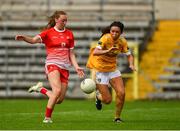 24 August 2019; Redecca Carr of Louth in action against Nicole Killen of Antrim during the TG4 All-Ireland Ladies Football Junior Championship Semi-Final match between Louth and Antrim at St Tiernach's Park in Clones, Monaghan. Photo by Ray McManus/Sportsfile