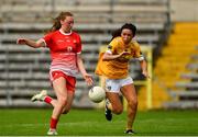 24 August 2019; Redecca Carr of Louth in action against Nicole Killen of Antrim during the TG4 All-Ireland Ladies Football Junior Championship Semi-Final match between Louth and Antrim at St Tiernach's Park in Clones, Monaghan. Photo by Ray McManus/Sportsfile