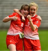 24 August 2019; Lauren Boyle and Aoife Russell of Louth celebrate after the TG4 All-Ireland Ladies Football Junior Championship Semi-Final match between Louth and Antrim at St Tiernach's Park in Clones, Monaghan. Photo by Ray McManus/Sportsfile