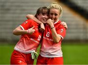 24 August 2019; Lauren Boyle and Aoife Russell of Louth celebrate after the TG4 All-Ireland Ladies Football Junior Championship Semi-Final match between Louth and Antrim at St Tiernach's Park in Clones, Monaghan. Photo by Ray McManus/Sportsfile