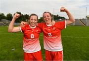 24 August 2019; Shannen McLaughlin, left, and Redecca Carr of Louth celebrate after the TG4 All-Ireland Ladies Football Junior Championship Semi-Final match between Louth and Antrim at St Tiernach's Park in Clones, Monaghan. Photo by Ray McManus/Sportsfile