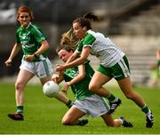 24 August 2019; Cara Usher of London in action against Noelle Connolly, left, and Aisling O'Brien of Fermanagh during the TG4 All-Ireland Ladies Football Junior Championship Semi-Final match between Fermanagh and London at St Tiernach's Park in Clones, Monaghan. Photo by Ray McManus/Sportsfile