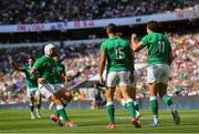 24 August 2019; Ireland players celebrate their sides first try, scored by Jordan Larmour, during the Quilter International match between England and Ireland at Twickenham Stadium in London, England. Photo by Ramsey Cardy/Sportsfile