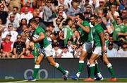 24 August 2019; Jordan Larmour of Ireland, left, celebrates after scoring his side's first try during the Quilter International match between England and Ireland at Twickenham Stadium in London, England. Photo by Brendan Moran/Sportsfile