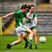 24 August 2019; Aisling O'Brien of Fermanagh, under pressure from Niamh Walsh of London, kicks a point with the last kick of the first half during the TG4 All-Ireland Ladies Football Junior Championship Semi-Final match between Fermanagh and London at St Tiernach's Park in Clones, Monaghan. Photo by Ray McManus/Sportsfile