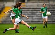 24 August 2019; Aisling O'Brien of Fermanagh, under pressure from Niamh Walsh of London, kicks a point with the last kick of the first half during the TG4 All-Ireland Ladies Football Junior Championship Semi-Final match between Fermanagh and London at St Tiernach's Park in Clones, Monaghan. Photo by Ray McManus/Sportsfile