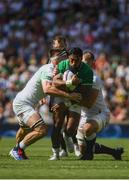 24 August 2019; Bunee Aki of Ireland is tackled by, left, George Kruis and, right, Tom Curry, of England, during the Quilter International match between England and Ireland at Twickenham Stadium in London, England. Photo by Ramsey Cardy/Sportsfile