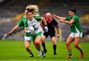 24 August 2019; Fiona Morrissey of London in action against Shannan McQuaid, left, and Danielle Maguire of Fermanagh during the TG4 All-Ireland Ladies Football Junior Championship Semi-Final match between Fermanagh and London at St Tiernach's Park in Clones, Monaghan. Photo by Ray McManus/Sportsfile