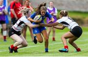 24 August 2019; Rachel Conroy of Leinster is tackled by Sarah Shrestha and Toni Macartney of Ulster during the Under 18 Girls Interprovincial Rugby Championship match between Ulster and Leinster at Armagh RFC in Armagh. Photo by John Dickson/Sportsfile