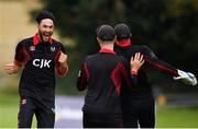 24 August 2019; Shaheen Khan of Pembroke CC, left, celebrates with team-mates following his side's victory during the Clear Currency Irish Senior Cup Final match between Waringstown CC and Pembroke CC at The Hills Cricket Club in Skerries, Dublin. Photo by Seb Daly/Sportsfile