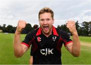 24 August 2019; Barry McCarthy of Pembroke CC celebrates following his side's victory during the Clear Currency Irish Senior Cup Final match between Waringstown CC and Pembroke CC at The Hills Cricket Club in Skerries, Dublin. Photo by Seb Daly/Sportsfile