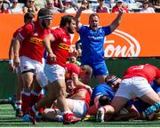 24 August 2019; Leinster players celebrate a try against Canada during the pre-season friendly match at Tim Hortons Field in Hamilton, Canada. Photo by Kevin Sousa/Sportsfile