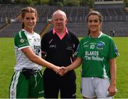 24 August 2019; Referee Gerry Carmody with the two captains, Naoimhin Daly of London, left, and Joanne Donnan of Fermanagh, before the TG4 All-Ireland Ladies Football Junior Championship Semi-Final match between Fermanagh and London at St Tiernach's Park in Clones, Monaghan. Photo by Ray McManus/Sportsfile