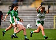 24 August 2019; Naoimhin Daly of London blocks this shot by Róisín O'Reilly of Fermanagh during the TG4 All-Ireland Ladies Football Junior Championship Semi-Final match between Fermanagh and London at St Tiernach's Park in Clones, Monaghan. Photo by Ray McManus/Sportsfile
