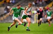 24 August 2019; Aisling O'Brien of Fermanagh in action against Naoimhin Daly of London during the TG4 All-Ireland Ladies Football Junior Championship Semi-Final match between Fermanagh and London at St Tiernach's Park in Clones, Monaghan. Photo by Ray McManus/Sportsfile