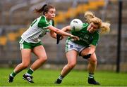 24 August 2019; Cara Usher of London in action against Sarah McCausland of Fermanagh during the TG4 All-Ireland Ladies Football Junior Championship Semi-Final match between Fermanagh and London at St Tiernach's Park in Clones, Monaghan. Photo by Ray McManus/Sportsfile
