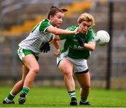 24 August 2019; Cara Usher of London in action against Sarah McCausland of Fermanagh during the TG4 All-Ireland Ladies Football Junior Championship Semi-Final match between Fermanagh and London at St Tiernach's Park in Clones, Monaghan. Photo by Ray McManus/Sportsfile
