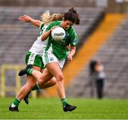 24 August 2019; Joanne Donnan of Fermanagh in action against Niamh Lister of London during the TG4 All-Ireland Ladies Football Junior Championship Semi-Final match between Fermanagh and London at St Tiernach's Park in Clones, Monaghan. Photo by Ray McManus/Sportsfile