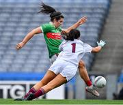 25 August 2019; Rachel Kearns of Mayo scores her side's first goal past Galway goalkeeper Lisa Murphy during the TG4 All-Ireland Ladies Senior Football Championship Semi-Final match between Galway and Mayo at Croke Park in Dublin. Photo by Brendan Moran/Sportsfile