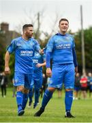 25 August 2019; Jake Donnelly of Crumlin United, right, is congratulated by team-mate Dean Kelly after scoring his side's second goal of the game the Extra.ie FAI Cup Second Round match between Crumlin United and Lucan United at CBS Captain's Road in Crumlin, Dublin. Photo by David Fitzgerald/Sportsfile