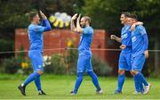 25 August 2019; Alan McGreal of Crumlin United, centre, celebrates after scoring his side's third goal of the game with team-mate Jake Donnelly, left, during the Extra.ie FAI Cup Second Round match between Crumlin United and Lucan United at CBS Captain's Road in Crumlin, Dublin. Photo by David Fitzgerald/Sportsfile