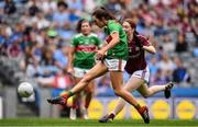 25 August 2019; Niamh Kelly of Mayo shoots to score her side's second goal despite the attention of Sarah Lynch of Galway during the TG4 All-Ireland Ladies Senior Football Championship Semi-Final match between Galway and Mayo at Croke Park in Dublin. Photo by Sam Barnes/Sportsfile