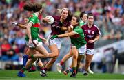 25 August 2019; Megan Glynn of Galway is tackled by Dayna Finn of Mayo during the TG4 All-Ireland Ladies Senior Football Championship Semi-Final match between Galway and Mayo at Croke Park in Dublin. Photo by Brendan Moran/Sportsfile